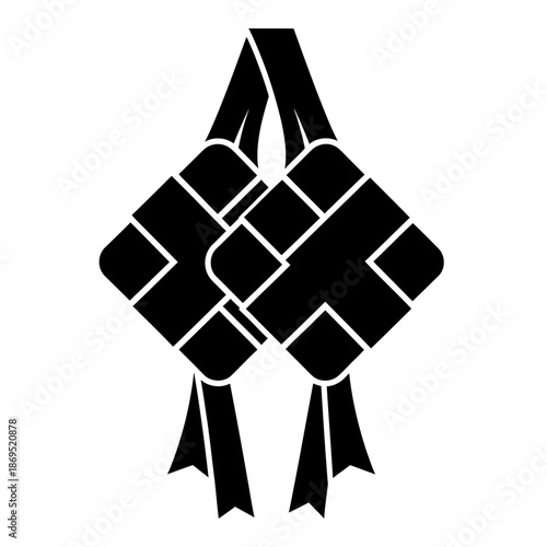 Abstract ketupat logo formed from four interlocking black shapes in a minimalist geometric flat vector style on a clean white background, ideal for modern Ramadan and Eid branding.