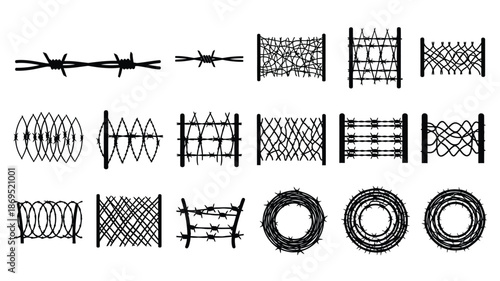 Various barbed wire designs and circular patterns shown as a silhouette