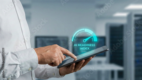 Generative ai high level planning dashboard with business hand using digital tablet and glowing readiness index gauge for technology strategy