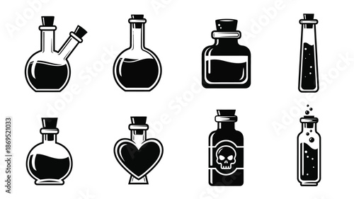 Collection of vintage potion bottles in a striking black silhouette