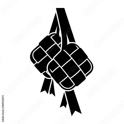 Abstract ketupat logo formed from four interlocking black shapes in a minimalist geometric flat vector style on a clean white background, ideal for modern Ramadan and Eid branding.