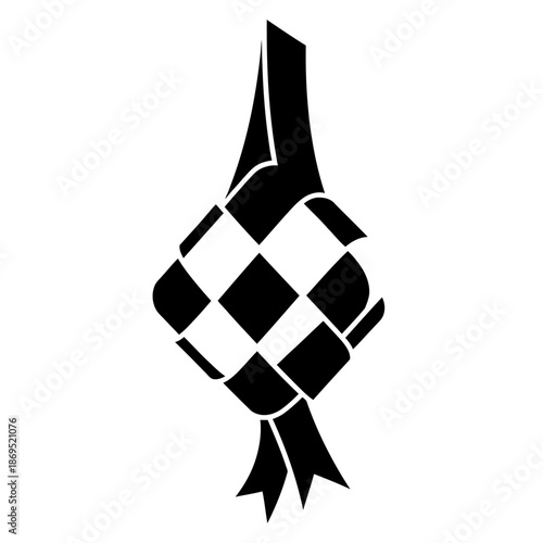 Abstract ketupat logo formed from four interlocking black shapes in a minimalist geometric flat vector style on a clean white background, ideal for modern Ramadan and Eid branding.