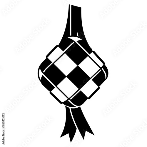 Abstract ketupat logo formed from four interlocking black shapes in a minimalist geometric flat vector style on a clean white background, ideal for modern Ramadan and Eid branding.