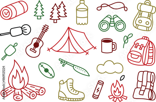 Camping gear line art icons set, outdoor adventure essentials, tent backpack campfire hiking tools, minimalist black white illustration, vector collection