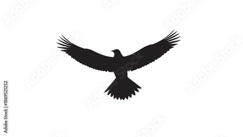 A majestic black silhouette of an eagle in flight with outstretched wings against a plain