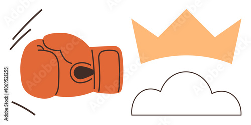 Power, competition, achievement, aspiration, leadership, accomplishment. A boxing glove, a crown and a cloud. Power and competition icon conveying action and success