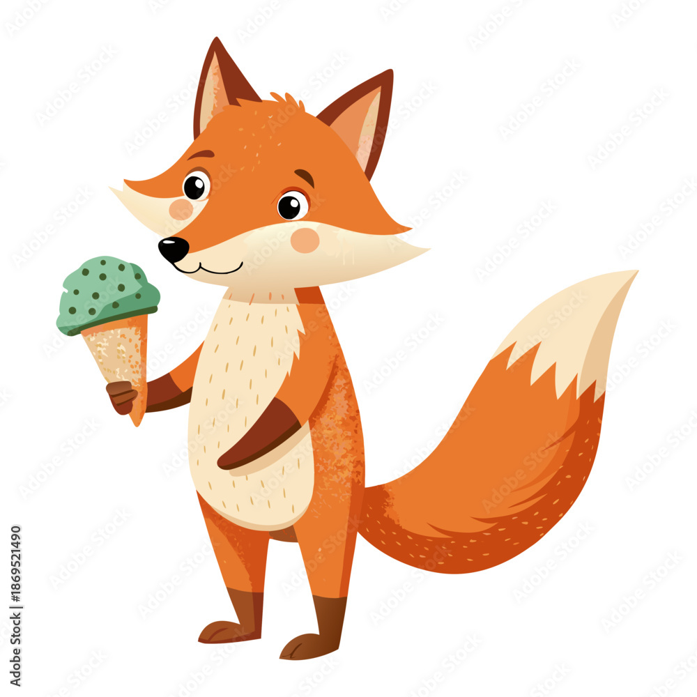 Obraz premium Watercolor clipart, fox with ice cream, isolated white