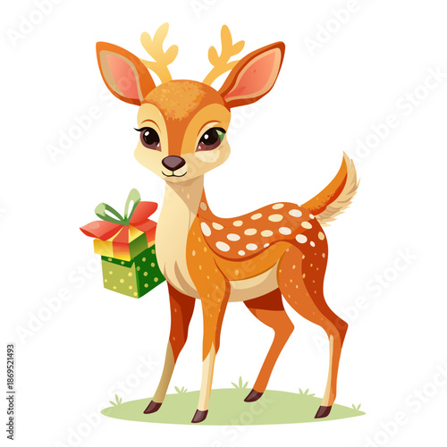 Watercolor clipart, baby deer with gift bag, isolated white