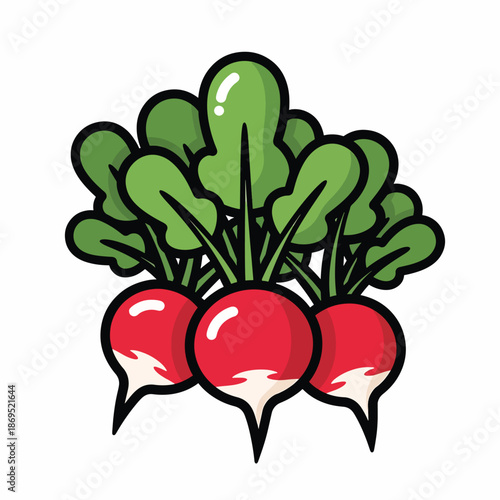A cartoonish illustration of three red radishes with green leaves