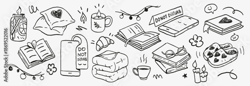 Hand drawn cozy doodle icon set featuring books, candles, warm drinks, soft blankets and calm home details. Perfect for spring and winter designs, self care concepts, reading time, hygge lifestyle.