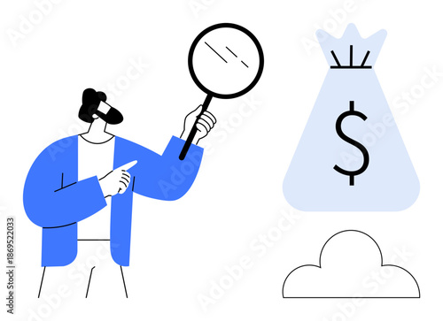 Man holding magnifying glass pointing at dollar sign money bag, conveying financial analysis, business growth, and savings. Ideal for finance, investments, economy, growth, savings planning audit