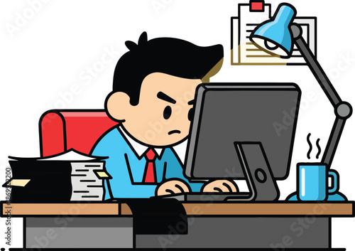 A cartoon man in a blue suit sits at a desk, looking at a computer
