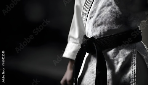 Close-up of a judoka or karateka wearing a traditional white gi with a black belt. The focus is on the belt’s knot and the textured fabric, set against a dark, blurred background. 