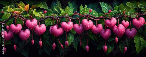 Romantic Bleeding Heart Flowers Garland with Water Droplets on Dark Background, Love and Emotion Floral Nature Concept