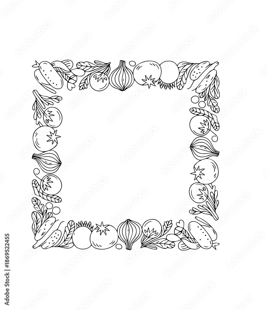 Obraz premium Hand drawn doodle vegetables frame. Fresh organic food border for menu or recipe design. Line art illustration with copy space. 