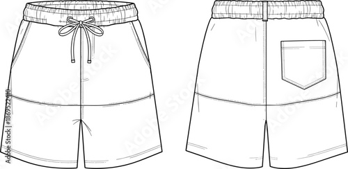 Technical Fashion Sketch of Men's Casual Drawstring Shorts Front and Back View White Vector Mockup Featuring Elastic Waistband Side Pockets and Single Back Patch Pocket