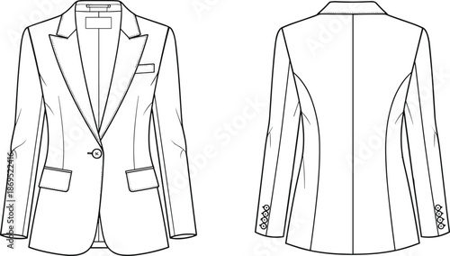 Technical Fashion Sketch of a Women's Tailored Blazer Front and Back View White Vector Mockup Featuring Notch Lapels Single Button Closure and Flap Pockets