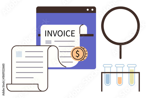 Business finance, e-commerce, tax management, scientific research, data analysis, billing processes. Invoice and coin on a document with test tubes and magnifier. Business finance and e-commerce