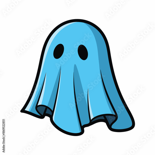 A cartoon ghost with a light blue body, two black eyes, and a black outline