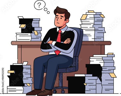 A cartoon man sits at a desk surrounded by stacks of paperwork