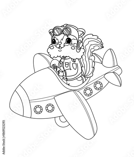 Vector illustration children's coloring book about professions. Linear chipmunk pilot