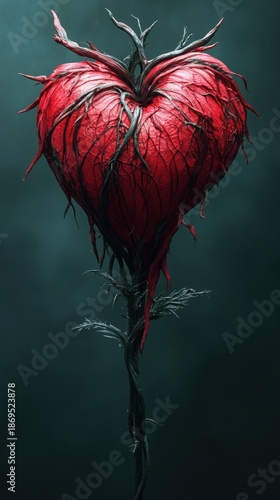 Surreal Bleeding Heart Flower Sculpture on Dark Background, Emotional Love Symbol, Conceptual Botanical Art