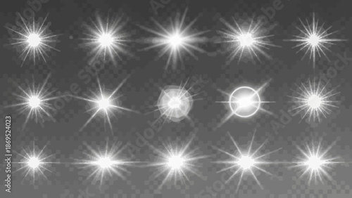 Collection of white lens flare effects on a transparent background for overlays 

