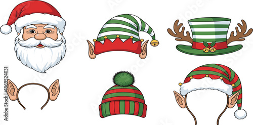 Christmas Holiday Hat Collection Featuring Santa Claus Face Elf Hats Reindeer Antlers and Festive Headwear for Winter Season Photo Booth Props