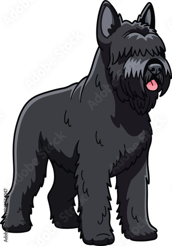 A cartoon-style illustration of a black dog with shaggy fur and a pink tongue