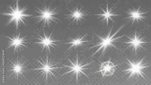 Collection of white lens flare effects on a transparent background for overlays 
