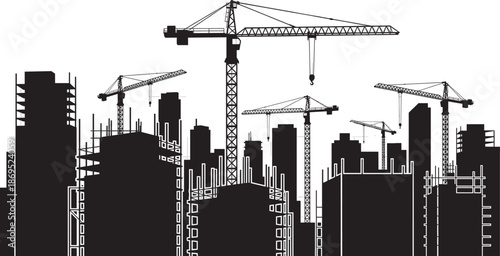 Black, city, construction, silhouette, skyline, vector, set, building, crane, industrial, development, architecture, urban, isolated, on, white, background, 