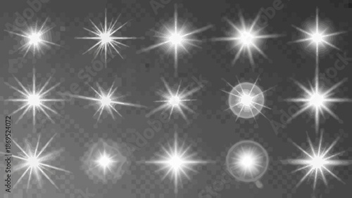 Collection of white lens flare effects on a transparent background for overlays 
