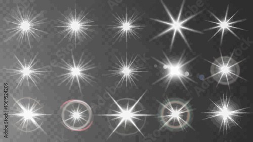 Collection of white lens flare effects on a transparent background for overlays 
