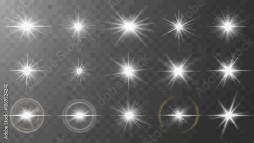 Collection of white lens flare effects on a transparent background for overlays 

