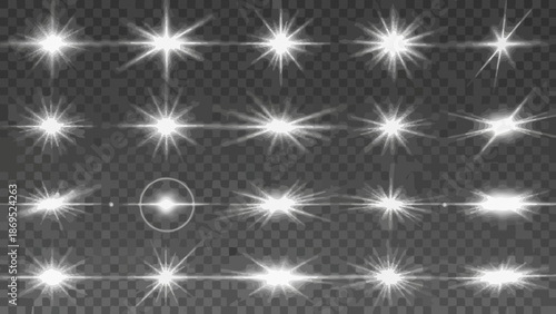 Collection of white lens flare effects on a transparent background for overlays 

