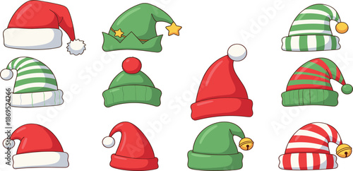 Christmas Holiday Hat Collection Featuring Various Santa Claus Caps Elf Hats and Winter Beanies for Festive Party Celebration Photo Props
