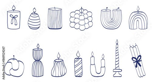 Minimalist hand drawn candle line art set of bubble, knot, twisted, pillar, and U shaped candles. Perfect for branding, stickers, packaging, ink style vector illustration