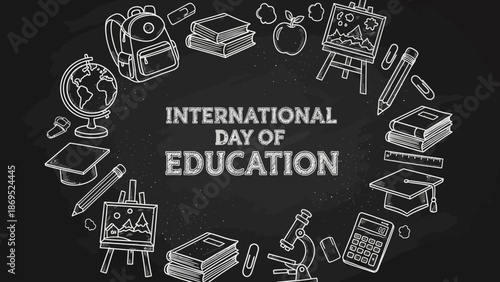 Celebrating International Day of Education with Educational Supplies and Symbols Surrounding a Central Theme on a Blackboard Background Illustration