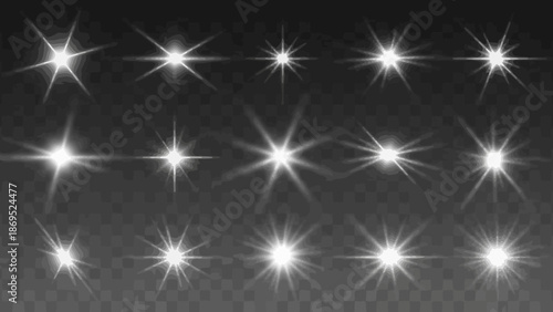Collection of white lens flare effects on a transparent background for overlays 
