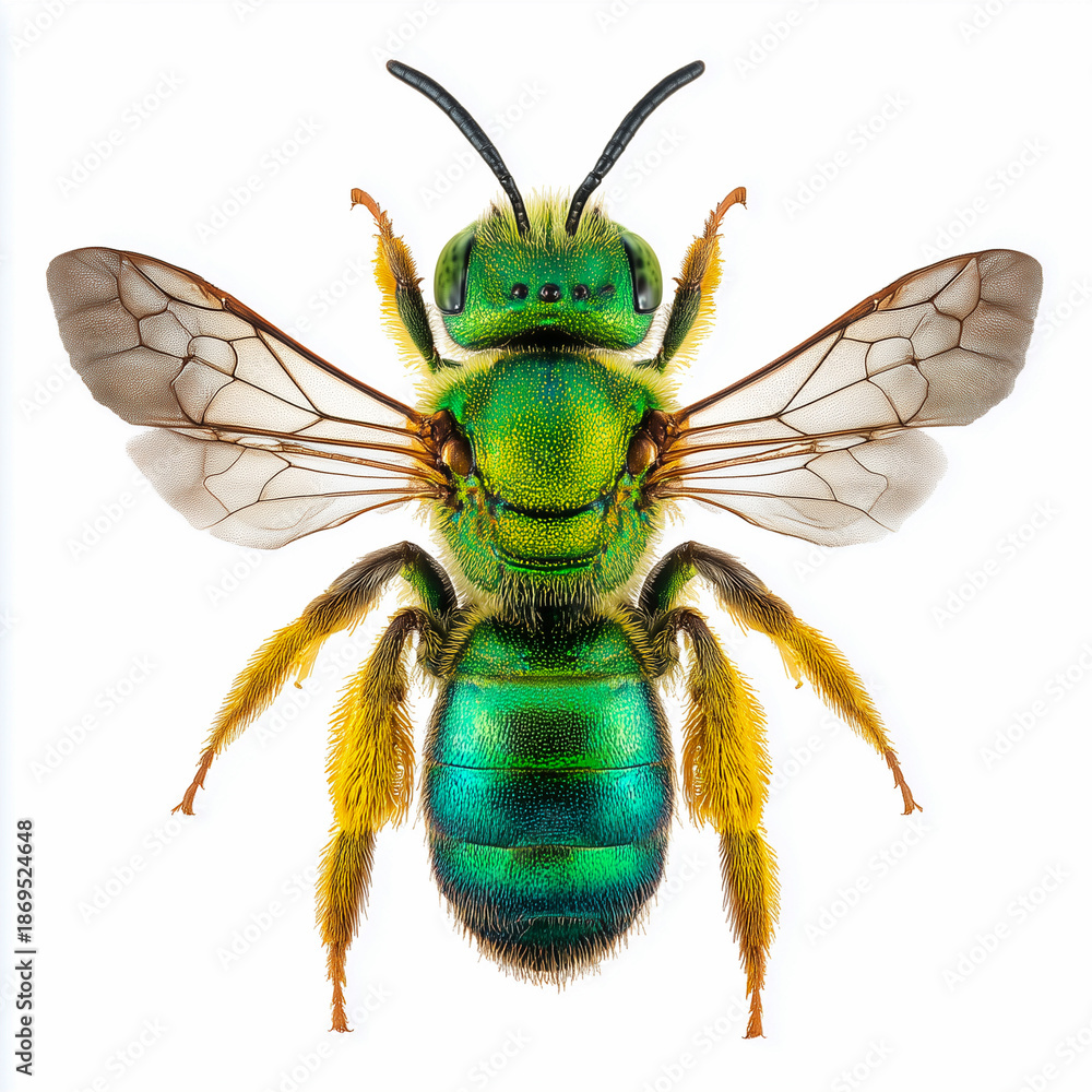 Fototapeta premium Green orchid bee with iridescent body isolated on white background
