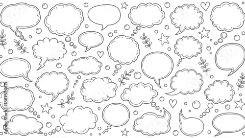 Hand drawn speech bubbles and thought bubbles in a doodle style illustration 