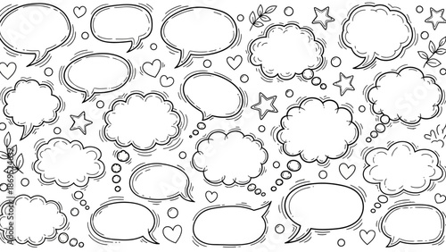 Hand drawn speech bubbles and thought bubbles in a doodle style illustration 