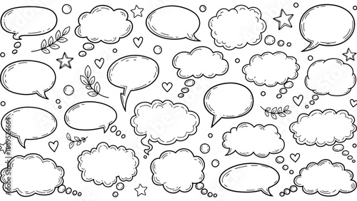 Hand drawn speech bubbles and thought bubbles in a doodle style illustration 