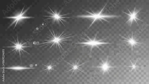 Collection of white lens flare effects on a transparent background for overlays 