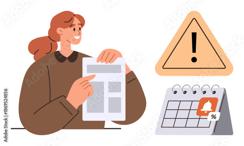 Deadline management, caution notifications, scheduling tasks, project organization, time-sensitive planning, workplace efficiency. Woman holding a document with alert and calendar symbols. Deadline