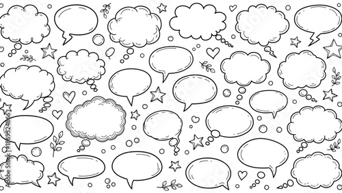 Hand drawn speech bubbles and thought bubbles in a doodle style illustration 