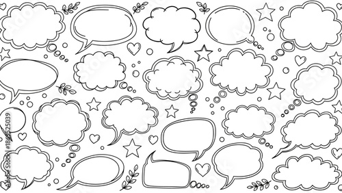 Hand drawn speech bubbles and thought bubbles in a doodle style illustration 