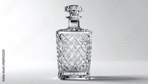 Elegant Crystal Decanter with Intricate Diamond Cut Pattern.