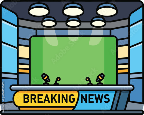 A cartoon news desk with a green screen and microphones