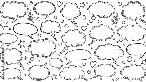 Hand drawn speech bubbles and thought bubbles in a doodle style illustration 